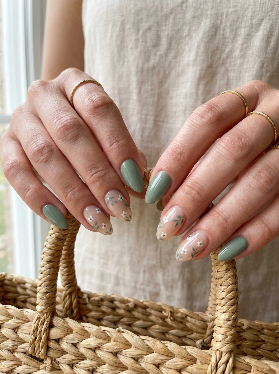 Soft Green Floral Nails